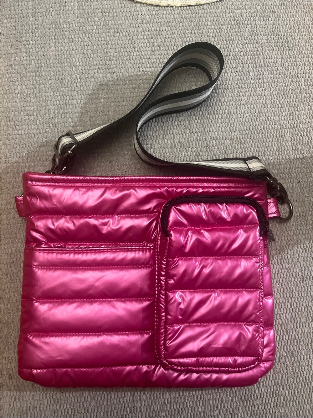THINK ROYLN metallic Hot Pink Quilted Y2K Crossbody with Striped Strap
